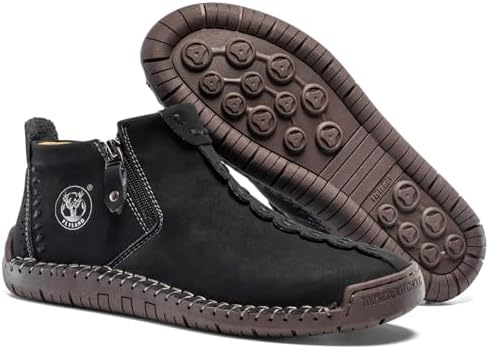 FLYLAND Men's Casual Leather Handmade Fashion Sneakers Ankle Chukka Boots Lightweight Mid-top Dress Shoes Walking Driving Shoe