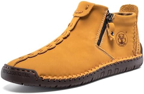 FLYLAND Men's Casual Leather Handmade Fashion Sneakers Ankle Chukka Boots Lightweight Mid-top Dress Shoes Walking Driving Shoe