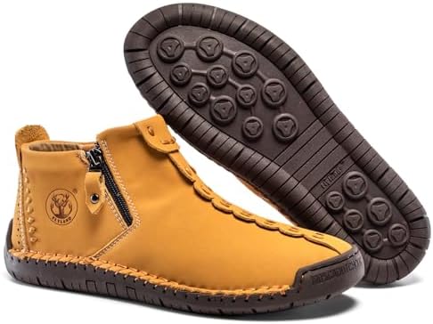 FLYLAND Men's Casual Leather Handmade Fashion Sneakers Ankle Chukka Boots Lightweight Mid-top Dress Shoes Walking Driving Shoe